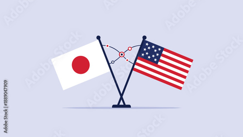 Crossed flags of Japan and the United States of America connected by a data line for global international trade.