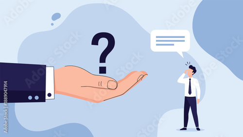 Giant hand holding a black question mark over a confused businessman with an empty speech bubble for needed help.