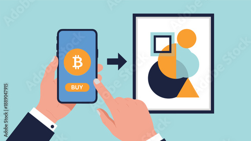Using a smartphone to buy digital assets like bitcoin and nft artwork shown in a sleek modern picture frame.