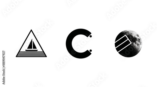 Three minimalist abstract graphic symbols: sailboat in triangle, stylized letter C, and textured sphere with lines. Monochrome icons for design.