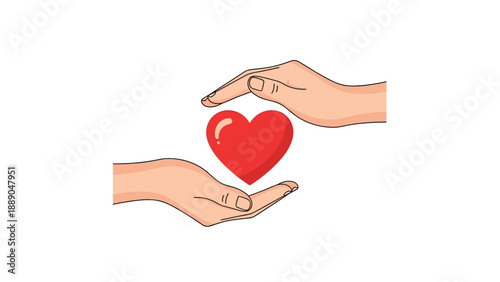 Pair of human hands gently protecting a bright red heart shape for care, love, and emotional support concepts.