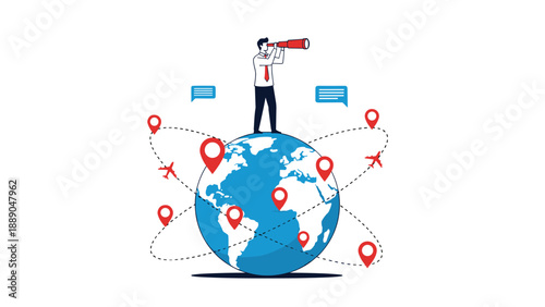 Professional businessman with a telescope standing on top of a globe with many red location pin point icons.