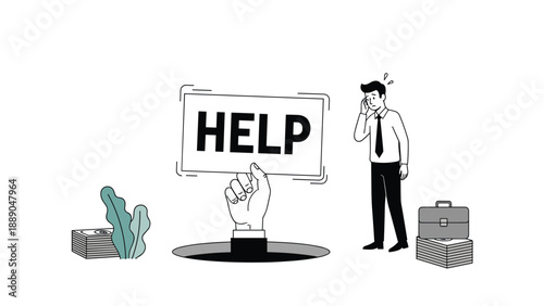 Hand coming out of a hole holding a help sign while a worried businessman stands near stacks of paper money.