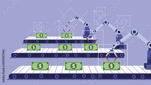 Industrial robotic arms sorting and picking up green paper money bills on multiple factory conveyor belt lines.