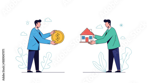 Two businessmen exchanging a large golden dollar coin for a miniature house model as a real estate trade deal.
