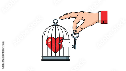 Hand using a key to unlock a birdcage with a red heart inside representing emotional freedom and the power of love to break barriers.