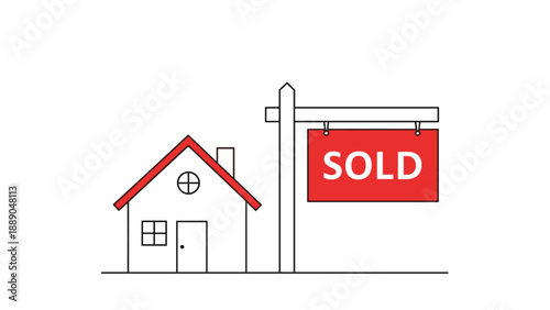 Small house model next to a large red sold sign representing a successful real estate transaction and property market activities on a white background.