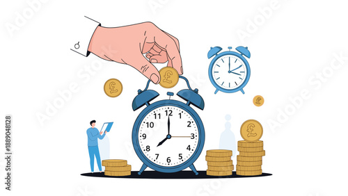 Giant hand putting a pound coin into an alarm clock surrounded by stacks of coins and people representing pension planning and time management.