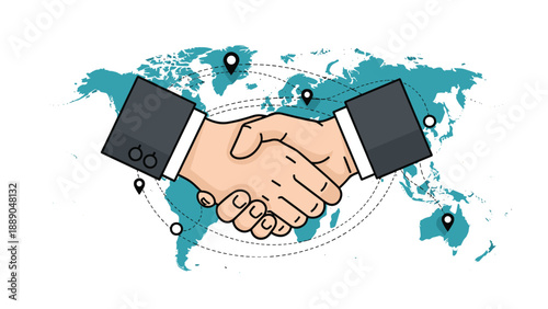 Two hands in business suits shaking hands over a teal world map representing international cooperation and global trade partnerships in industry.