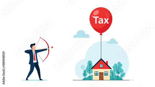 Businessman aiming a bow and arrow at a red tax balloon tied to a small house representing strategies to reduce property taxes and save money.