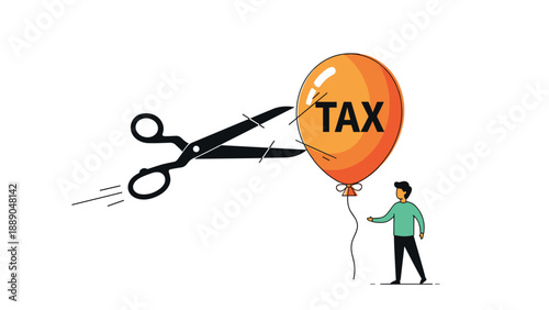 Large pair of scissors cutting the string of a tax balloon being held by a man representing the positive impact of tax cuts on individual finances.