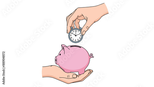 Giant hand putting an alarm clock into a pink piggy bank being held by another hand representing the importance of saving time for the future.