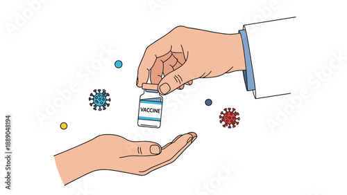 Medical professional hands holding a vaccine bottle over a patient hand with virus icons floating around for a healthcare immunization concept.