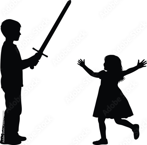 Children silhouette playing pretend game with toy sword and girl running isolated on white background childhood imagination vector illustration