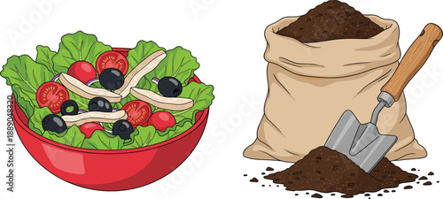Fresh vegetable salad bowl and gardening soil vector illustration combining healthy food and planting concept

(১৪ words)