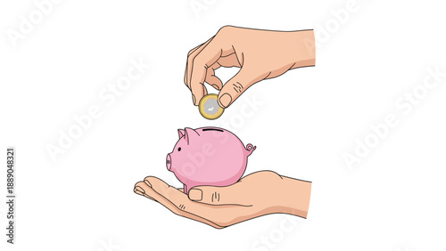 Hands of two people holding a pink piggy bank and putting a gold coin into it together representing collaborative saving and investment plans.