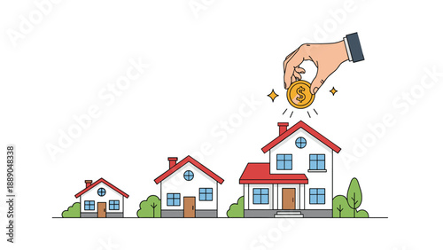 Hand of a businessman putting a gold dollar coin into a small house model representing real estate investment and property value growth.