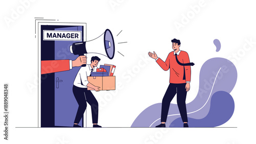 Manager yelling through a megaphone at a frustrated employee who is leaving with a box of office belongings after being fired from the job.