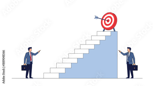 Two businessmen pointing at a target on top of a flight of stairs representing corporate goal setting and successful achievement strategies.