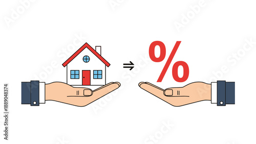 Hand holding a small house model and another hand holding a red percent sign representing mortgage rates and property loan interest costs.