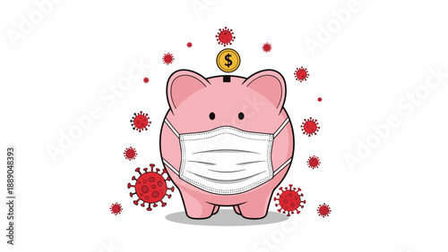 Pink piggy bank wearing a white medical mask surrounded by red virus icons and a gold coin representing financial protection in a pandemic.