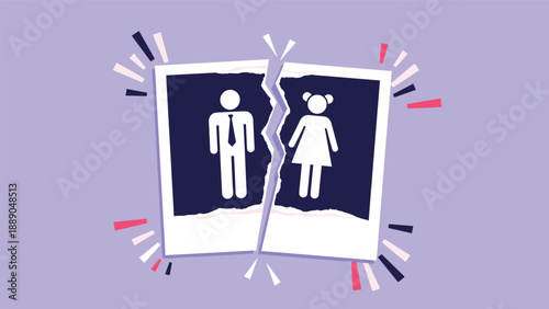 Torn polaroid photograph showing a man and a woman to illustrate the concept of divorce, breakup, and end of a relationship.