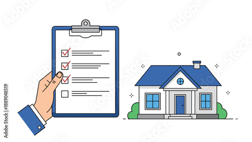 Professional hand holding a checklist on a clipboard next to a blue house to represent home inspection and real estate appraisal.