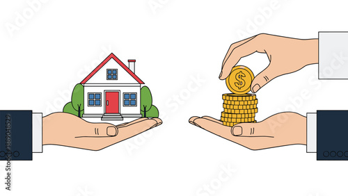 Professional hands exchanging a house model and stacks of gold coins to symbolize a real estate property transaction.