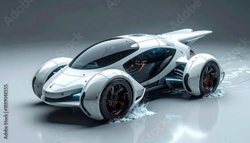 Futuristic, sleek white vehicle with exposed wheels and unique design