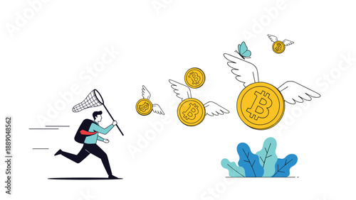 Businessman with a butterfly net chasing flying bitcoin coins with wings to represent chasing cryptocurrency market trends.