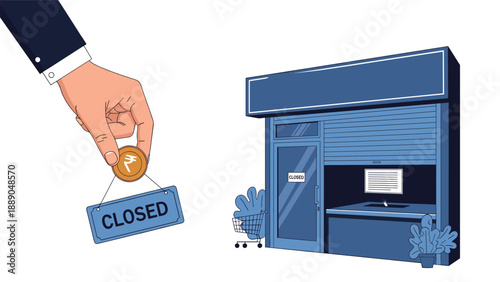 Business hand holding a closed sign and a rupee coin in front of a shuttered shop representing commercial bankruptcy.