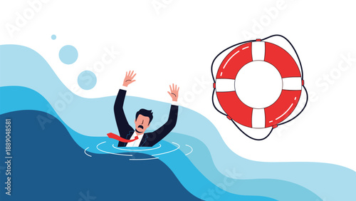 Businessman drowning in waves reaching for a lifebuoy to symbolize bankruptcy and the need for a financial rescue package.