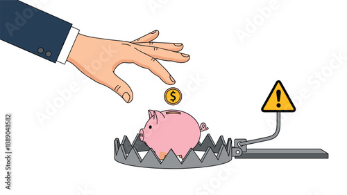 Hand reaching for a gold coin in a piggy bank placed inside a sharp metal bear trap with a warning sign representing risk.