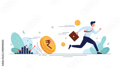 Businessman running away from a massive rolling Indian Rupee coin representing the threat of inflation and economic pressure.