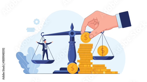 Justice scale balancing a small businessman and a massive stack of gold coins to represent income inequality and wealth gap.