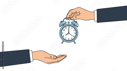 Hands in business suits passing an alarm clock from one person to another to represent time management and deadlines.