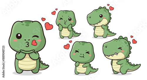 Adorable Green Cartoon Dinosaurs Expressing Love and Affection with Hearts and Playful Gestures