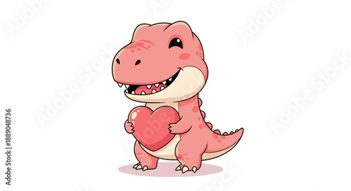 Adorable Pink Cartoon Dinosaur Character Happily Holding a Big Red Heart on White Background