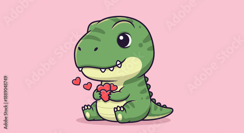 Cute Baby Dinosaur T rex Holding Red Hearts on a Pink Background, Expressing Love in a Cartoon Style