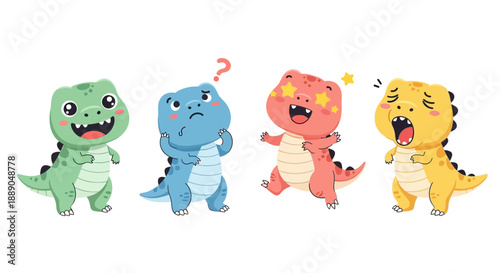 Cute Cartoon Dinosaurs in Various Colors Displaying Different Emotions Including Happiness, Confusion, Excitement, and Sleepiness