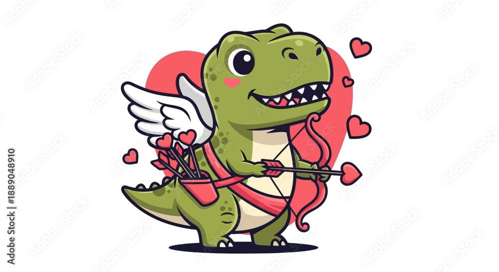 Obraz premium Charming Green Dinosaur with Wings, Cupids Bow, and Heart Arrows for Valentines Day