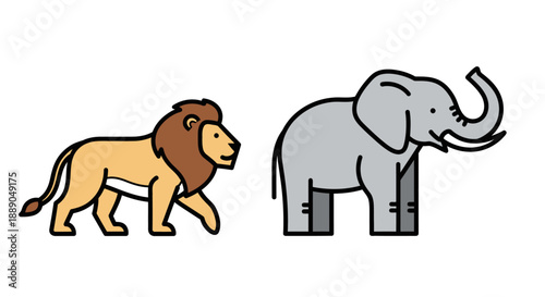 Cartoon Lion and Elephant Facing Each Other