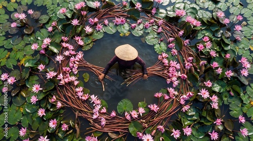 Woman harvesting water lilies in circular pattern harmony and nature balance concept