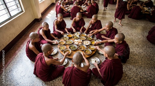 Buddhist monks eating together traditional meal community culture and daily life concept