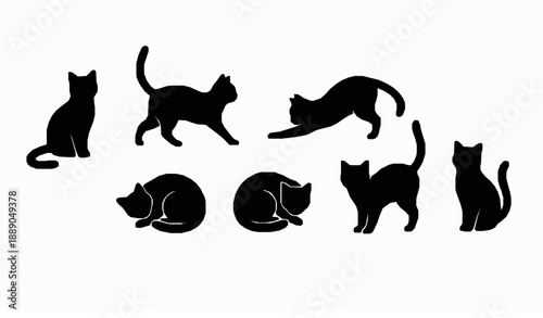 Black cat silhouette vector set with playful feline poses isolated on white