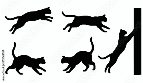 Dynamic black cat silhouette vector illustrations with jumping and running poses