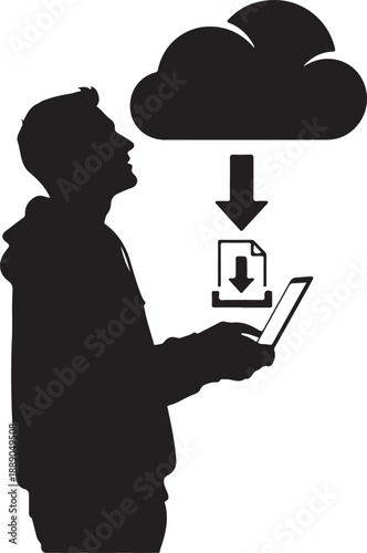 Man downloading file from cloud storage to tablet device with ease and convenience