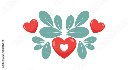 Stylized Valentine's Day Heart and Leaves Decoration Creates a Romantic and Whimsical Design, Making It a Wonderful Element for Greetings, Love, and Valentine's Day Projects in a M.