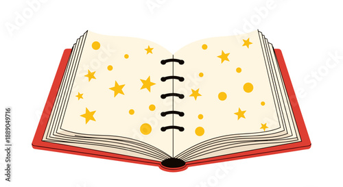 Colorful open book illustration with star and circle design provides a charming resource for education, storytelling, children's literature, and imaginative creativity for learning.