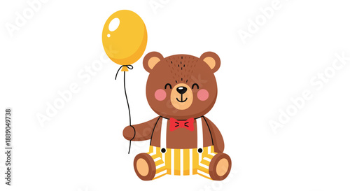Adorable cartoon bear holding a yellow balloon in a cheerful pose, perfect for children's illustrations, birthday cards, and festive designs that bring happiness and joy to any pro.
